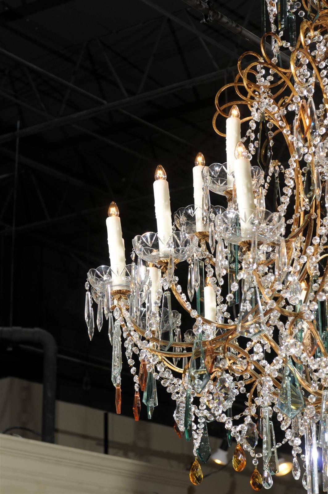 Continental Italian 24-Light Gilt and Crystal Chandelier with Colored Prisms  1