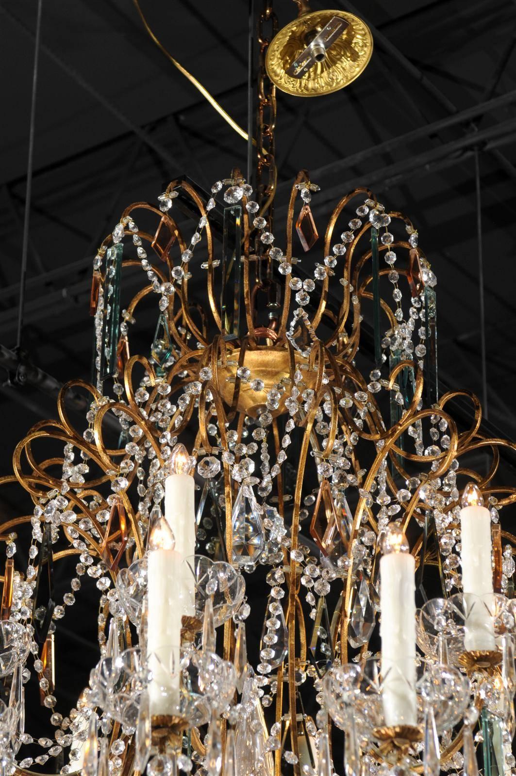 Continental Italian 24-Light Gilt and Crystal Chandelier with Colored Prisms  4
