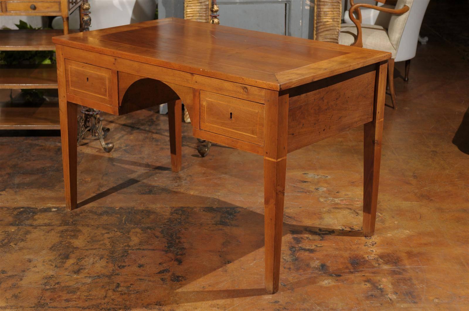 Italian 1880s Walnut Partner’s Desk with Banded Inlay and Arched Apron 3