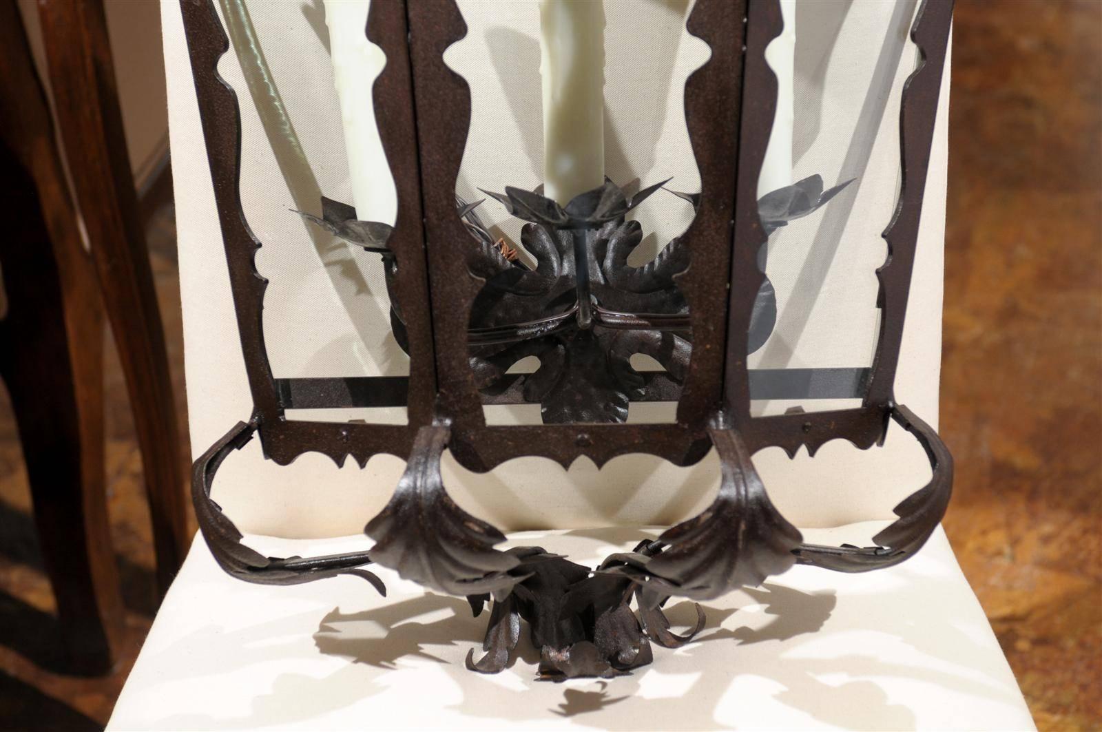 Glass Pair of Italian Rococo Style Three-Light Wrought-Iron Lantern-Shaped Sconces For Sale