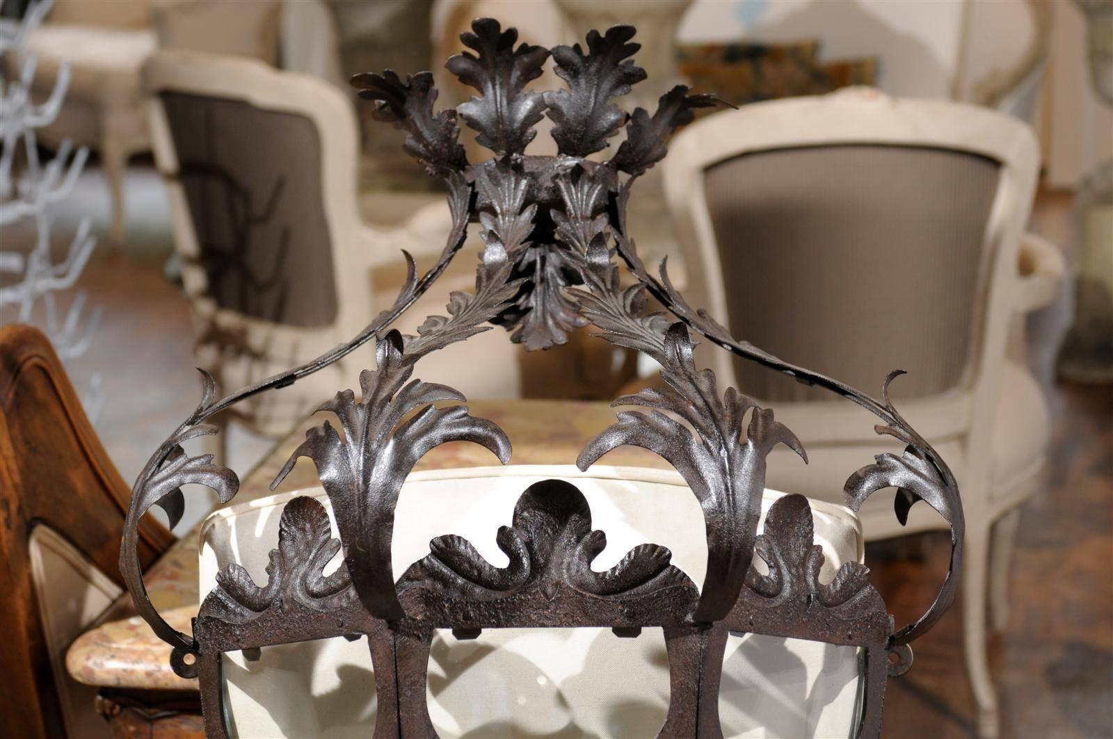 Pair of Italian Rococo Style Three-Light Wrought-Iron Lantern-Shaped Sconces For Sale 2
