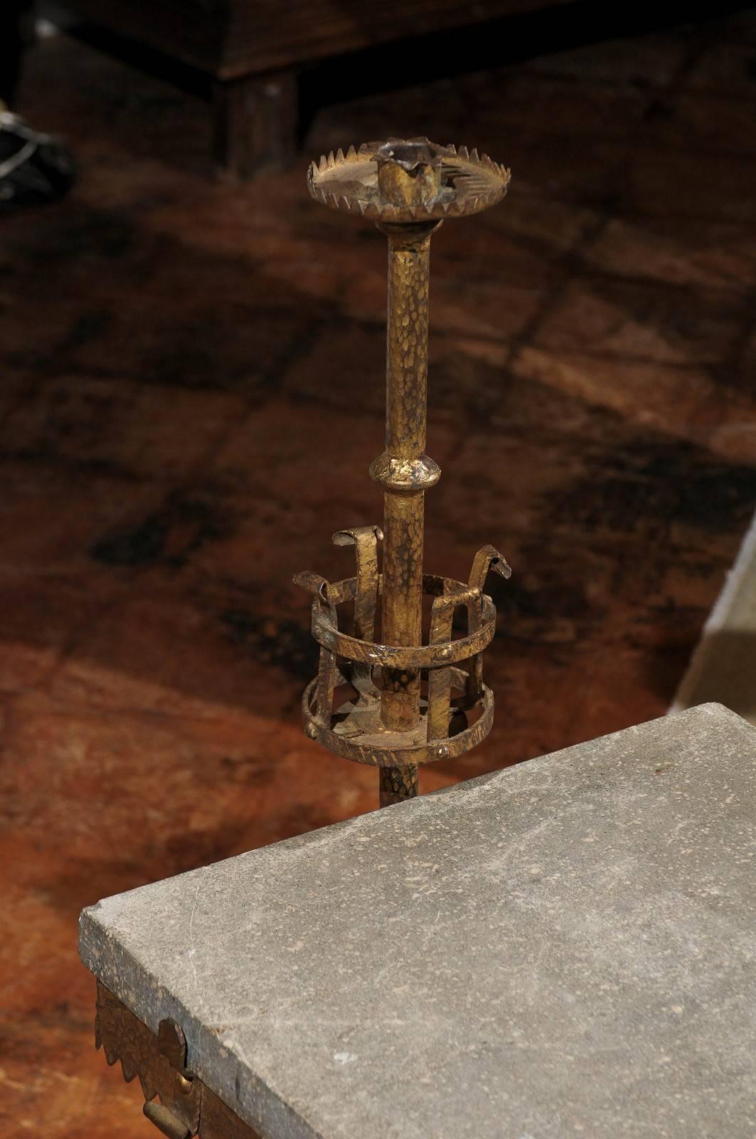 French Industrial 1900s Gilt Iron and Slate Wine Tasting Table with Candlestick 1