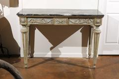 French Louis XVI Style Blue Green Wooden Console Table with Marble Top