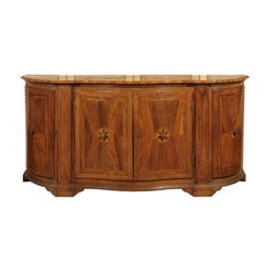 Italian 1860s Walnut, Satinwood and Ebony Inlaid Credenza with Serpentine Front