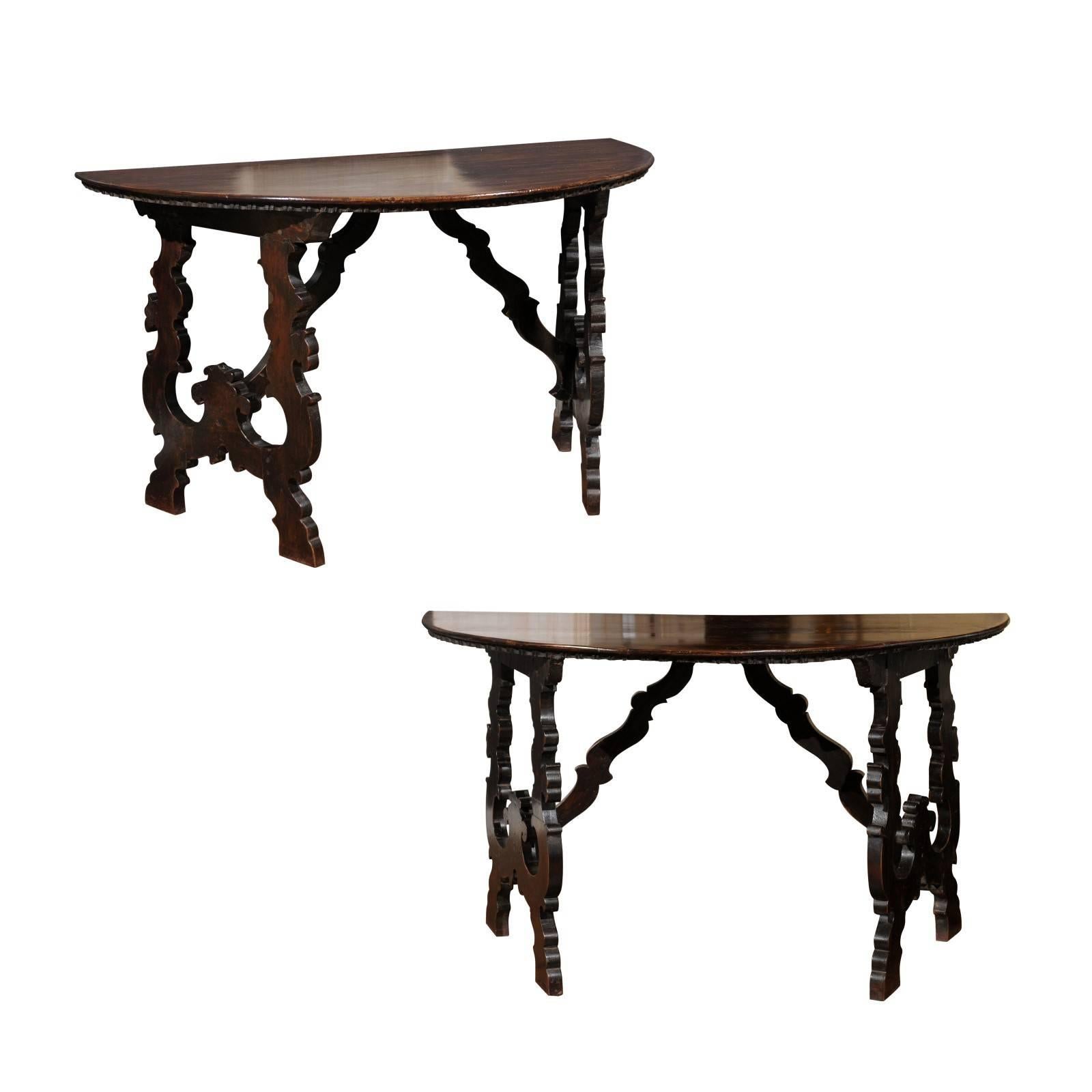 Pair of 1750s Baroque style Tuscan Demi-Lune Console Tables