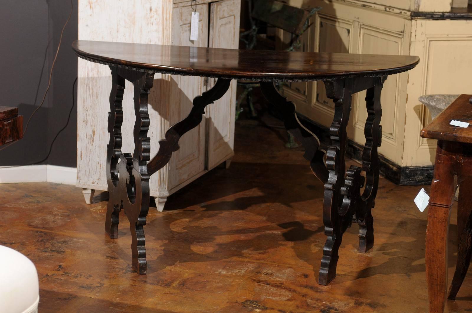 Pair of 1750s Baroque style Tuscan Demi-Lune Console Tables In Good Condition In Atlanta, GA
