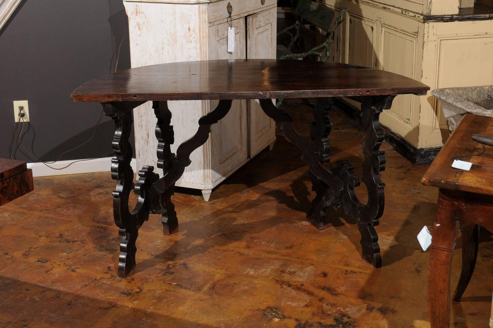 Wood Pair of 1750s Baroque style Tuscan Demi-Lune Console Tables