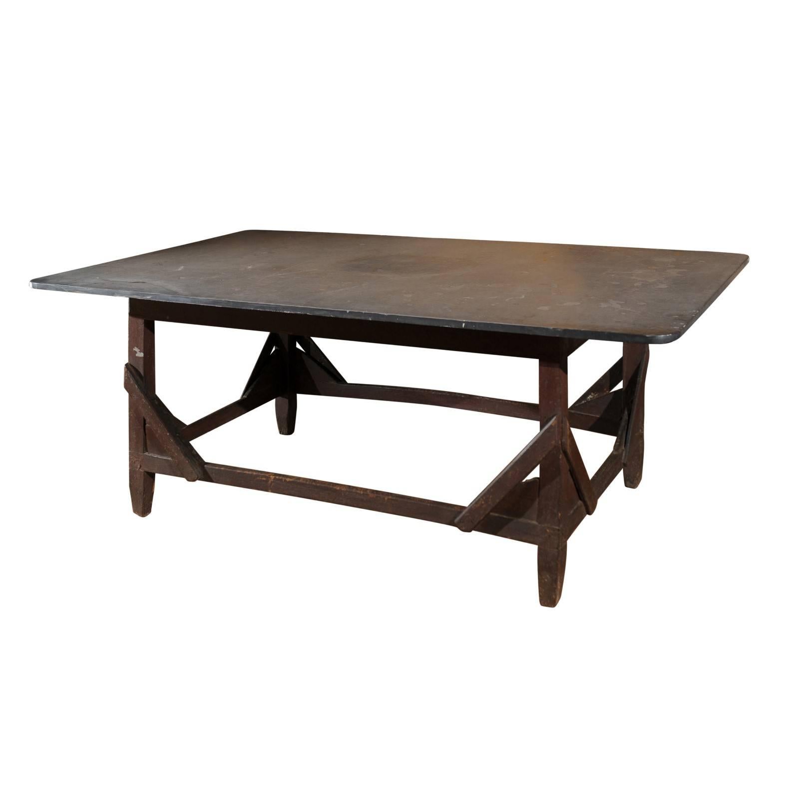 Italian Rustic Work Table with Bluestone Top and Stretchered Wooden Base