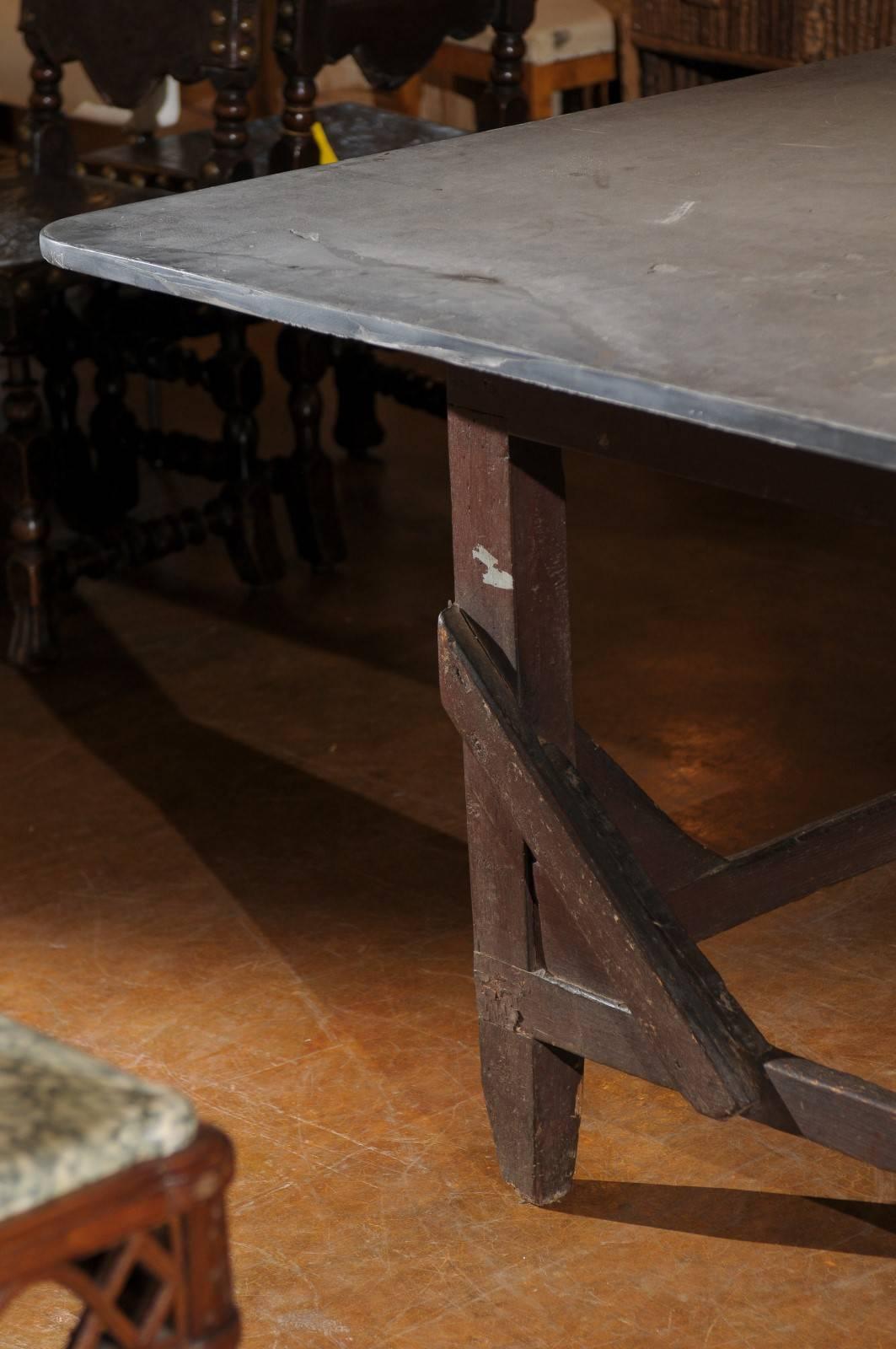 Italian Rustic Work Table with Bluestone Top and Stretchered Wooden Base In Good Condition In Atlanta, GA