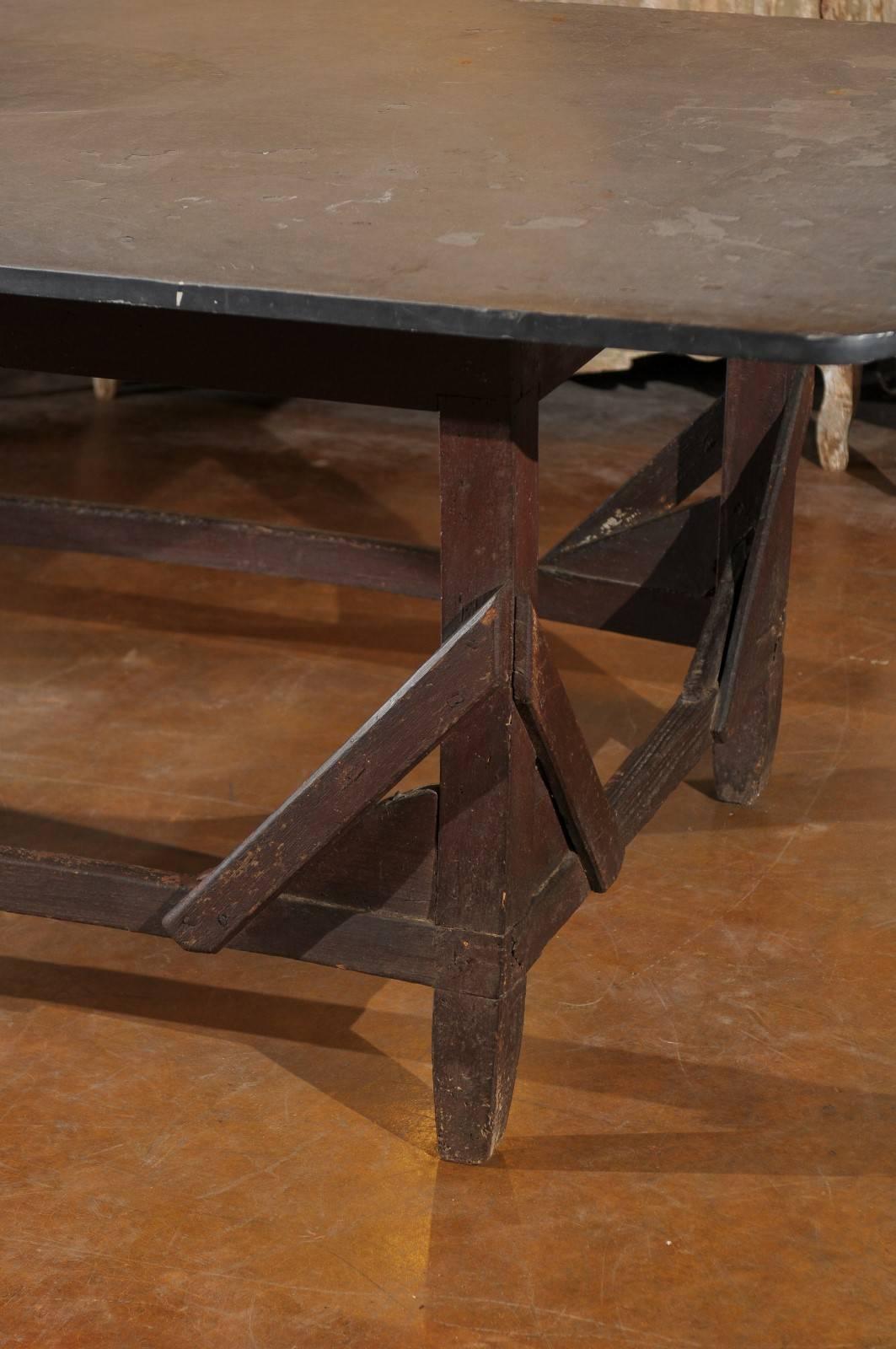 20th Century Italian Rustic Work Table with Bluestone Top and Stretchered Wooden Base