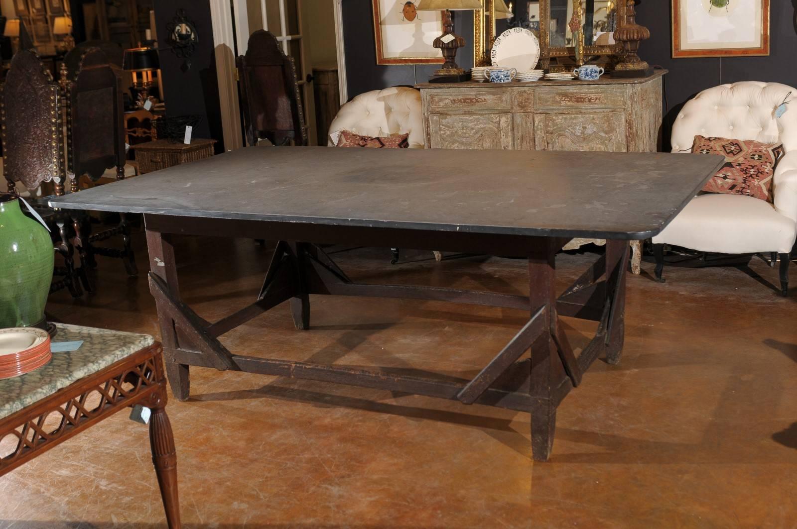 Stone Italian Rustic Work Table with Bluestone Top and Stretchered Wooden Base