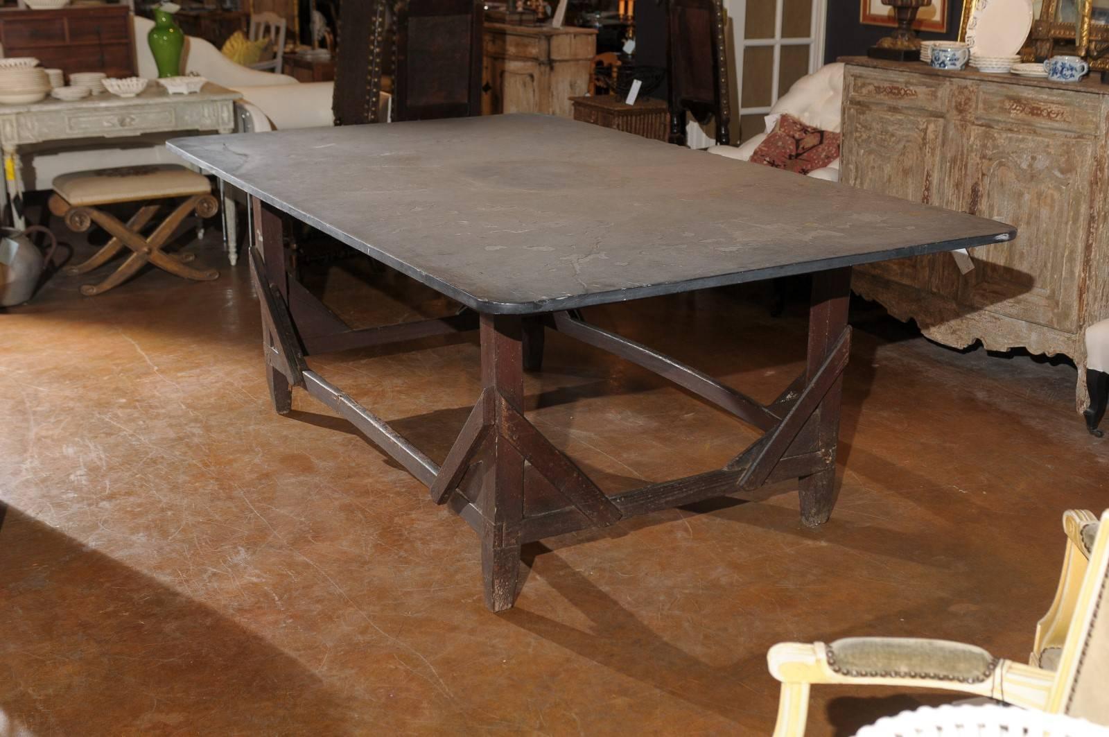 Italian Rustic Work Table with Bluestone Top and Stretchered Wooden Base 2
