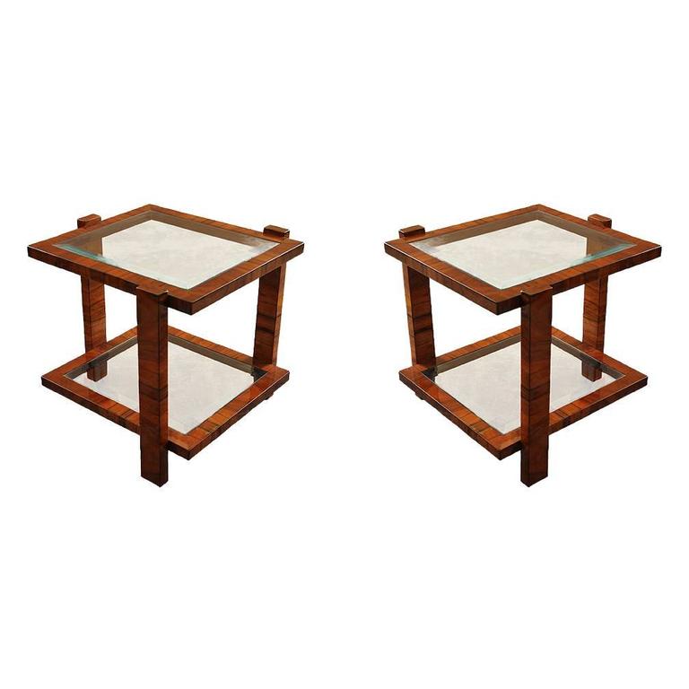 Pair of Contemporary TwoTiered Light Walnut End Tables with Glass Top