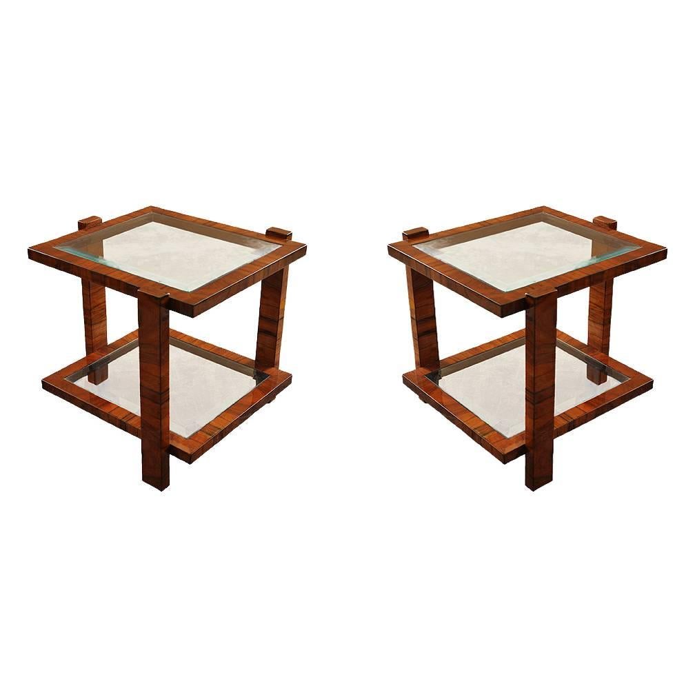 Pair of Contemporary Two-Tiered Light Walnut End Tables with Glass Top and Shelf