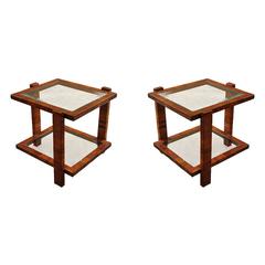 Pair of Contemporary Two-Tiered Light Walnut End Tables with Glass Top and Shelf