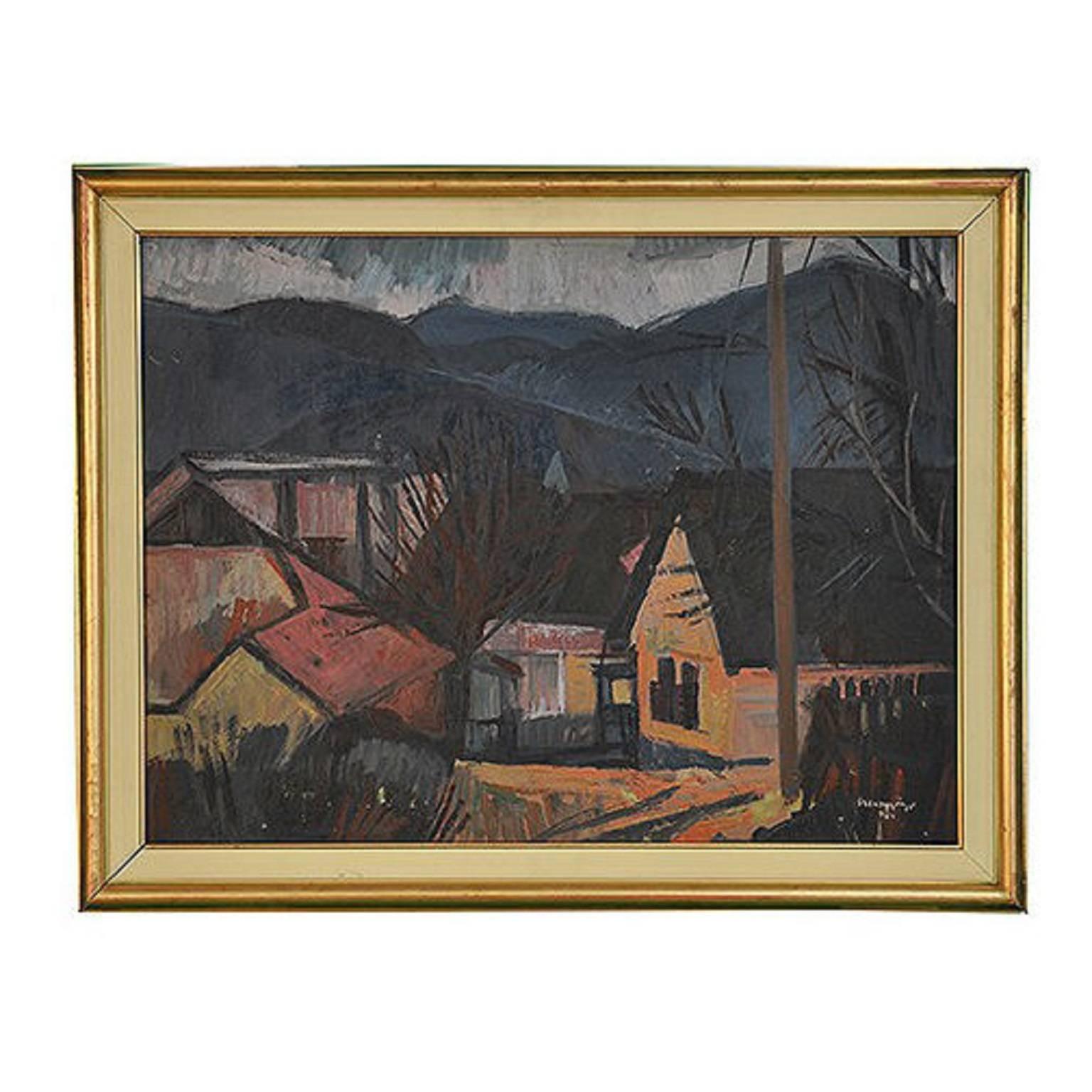 Landscape with Houses and Mountains Oil on Canvas Painting by Szentgyorgi Kormel