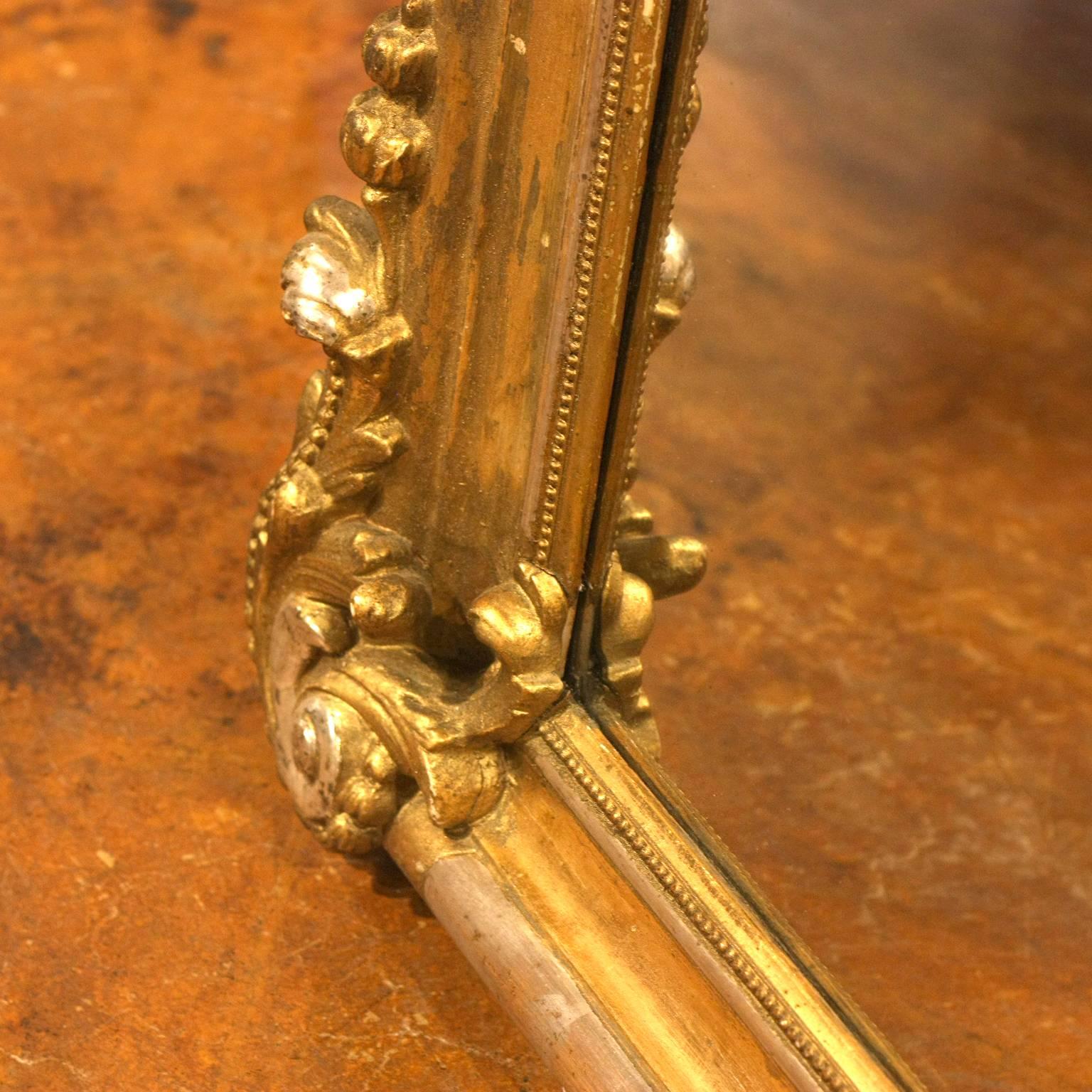French Louis XVI Style Gilt and Silvered Mirror with Carved Crest, 19th Century 3