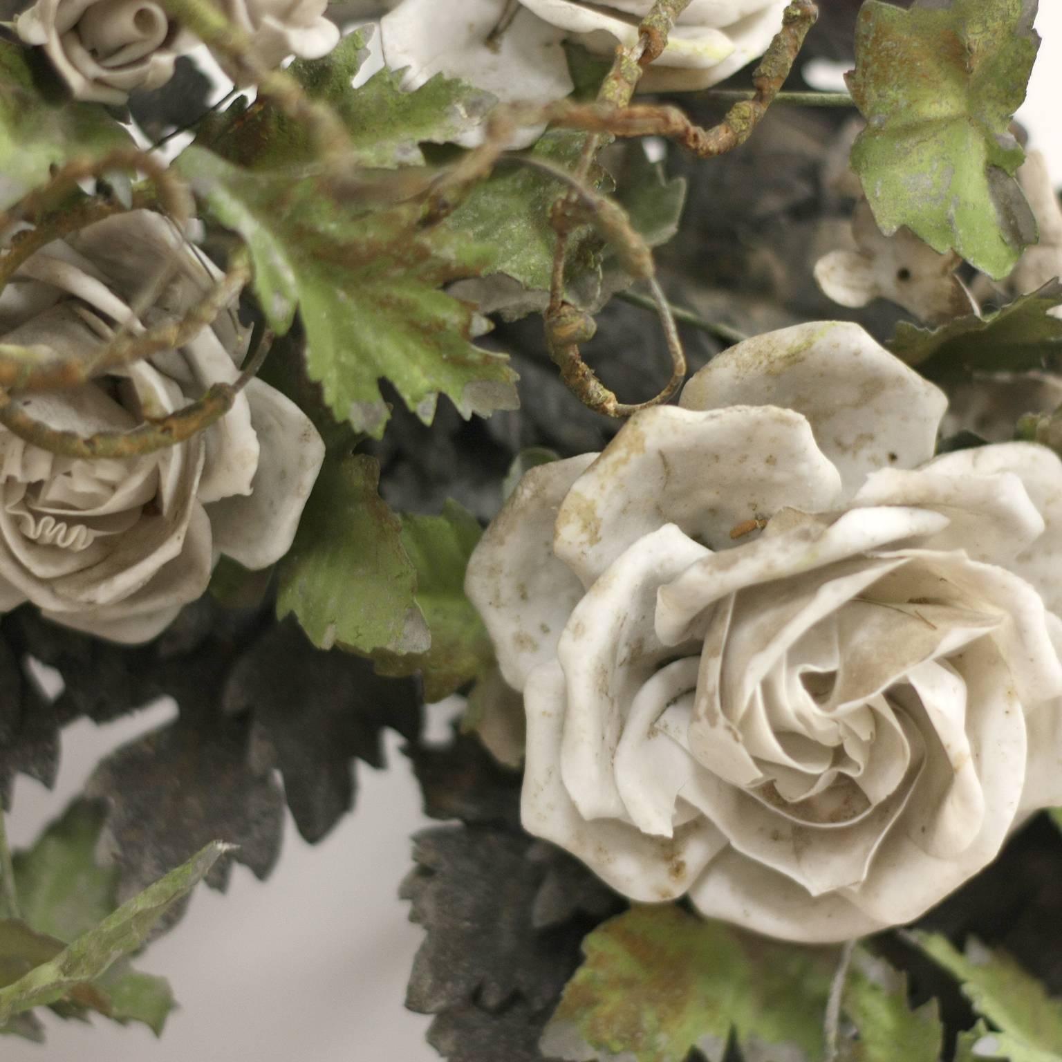 20th Century Painted Tole Wreath with Handcrafted Roses