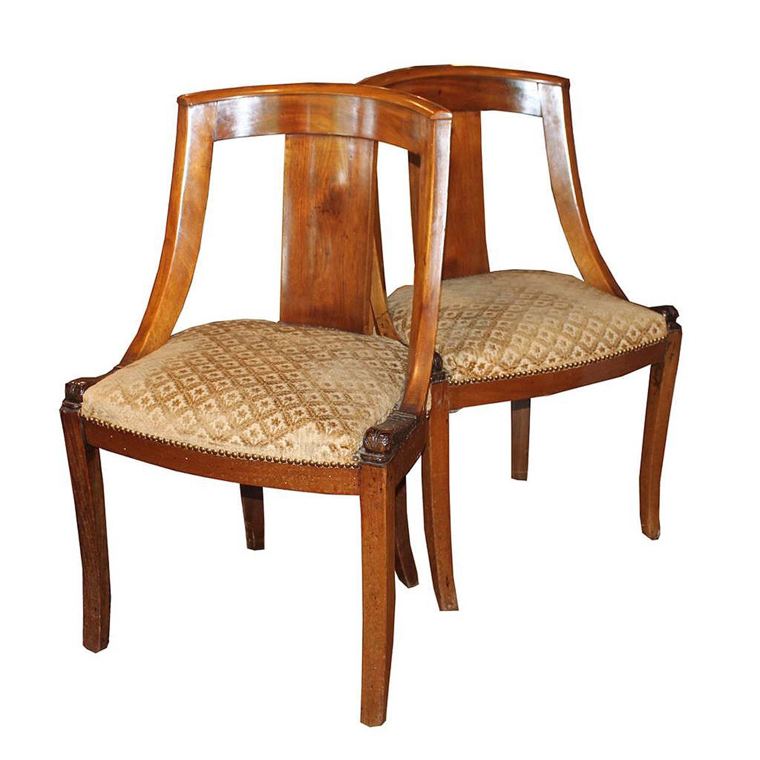 Pair of French Empire Style Walnut Side Chairs with Dolphin Carvings, Circa 1900