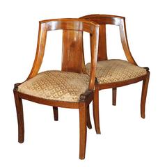 Antique Pair of French Empire Style Walnut Side Chairs with Dolphin Carvings, Circa 1900