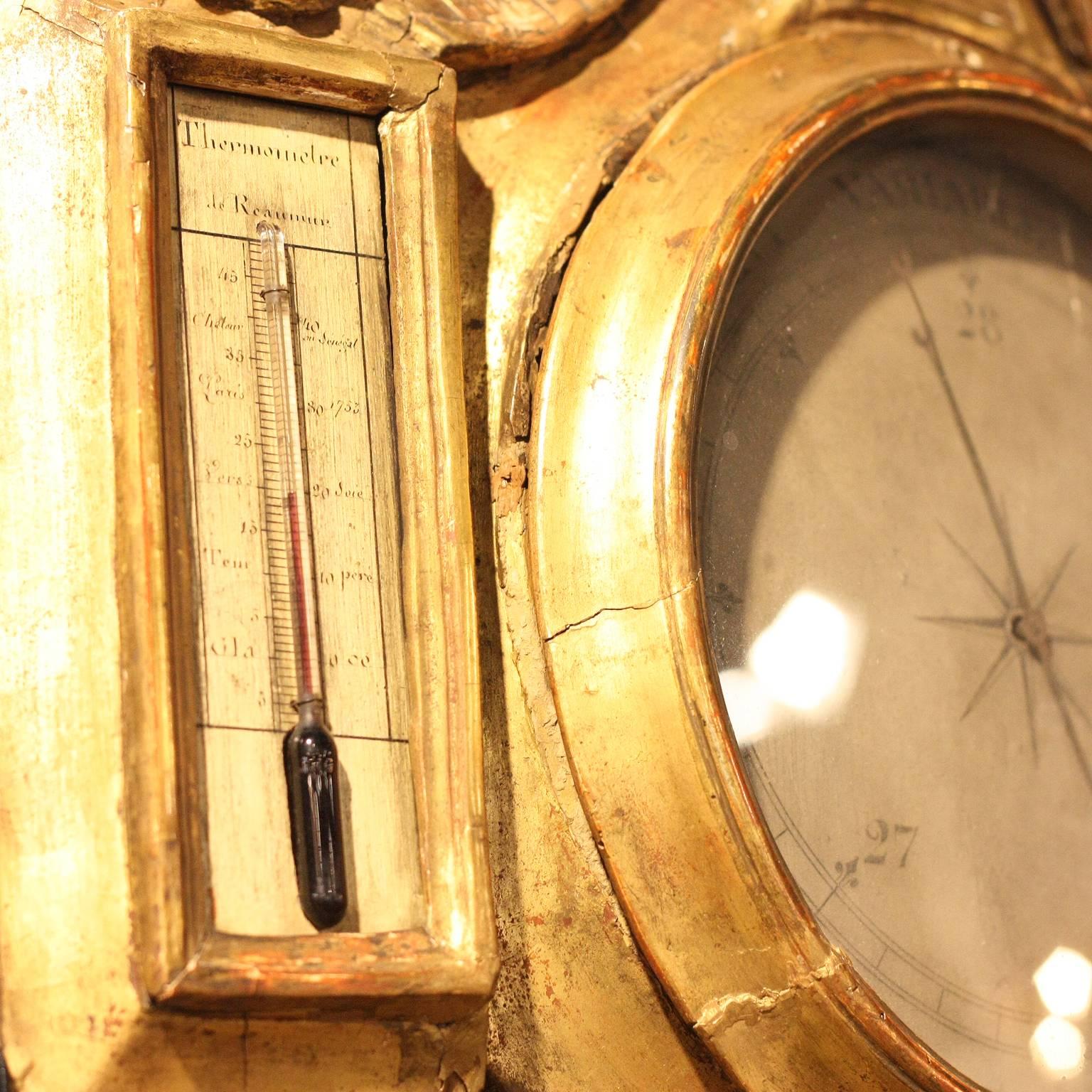 19th Century French Louis XV Style Giltwood Barometer Thermometer with Carved Medieval Castle