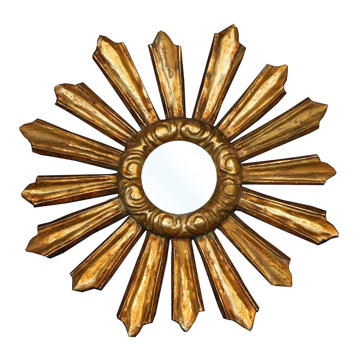Petite French Late 19th Century Giltwood Sunburst Mirror with Cloudy Frame