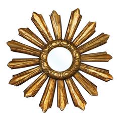 Petite French Late 19th Century Giltwood Sunburst Mirror with Cloudy Frame