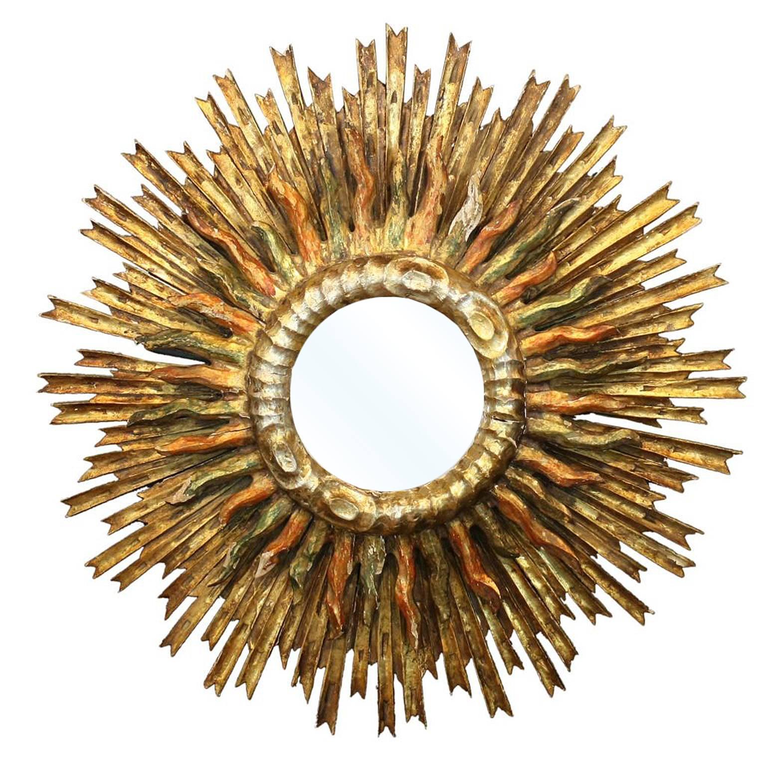 Italian 1890s Giltwood Double Sunburst Mirror with Red and Green Painted Accents