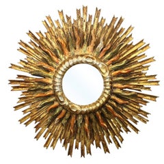 Italian 1890s Giltwood Double Sunburst Mirror with Red and Green Painted Accents