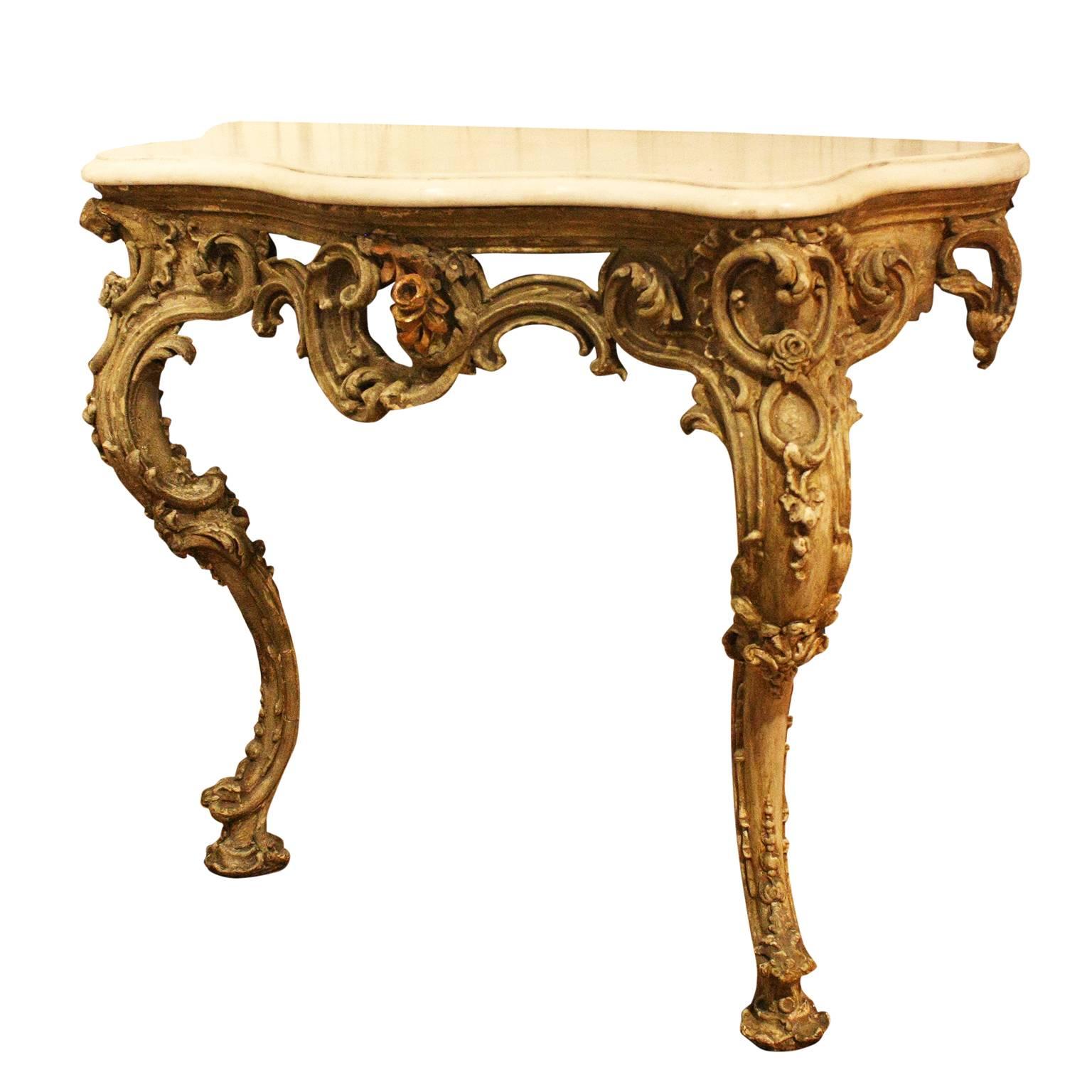 19th Century Carved Console Table with Marble Top