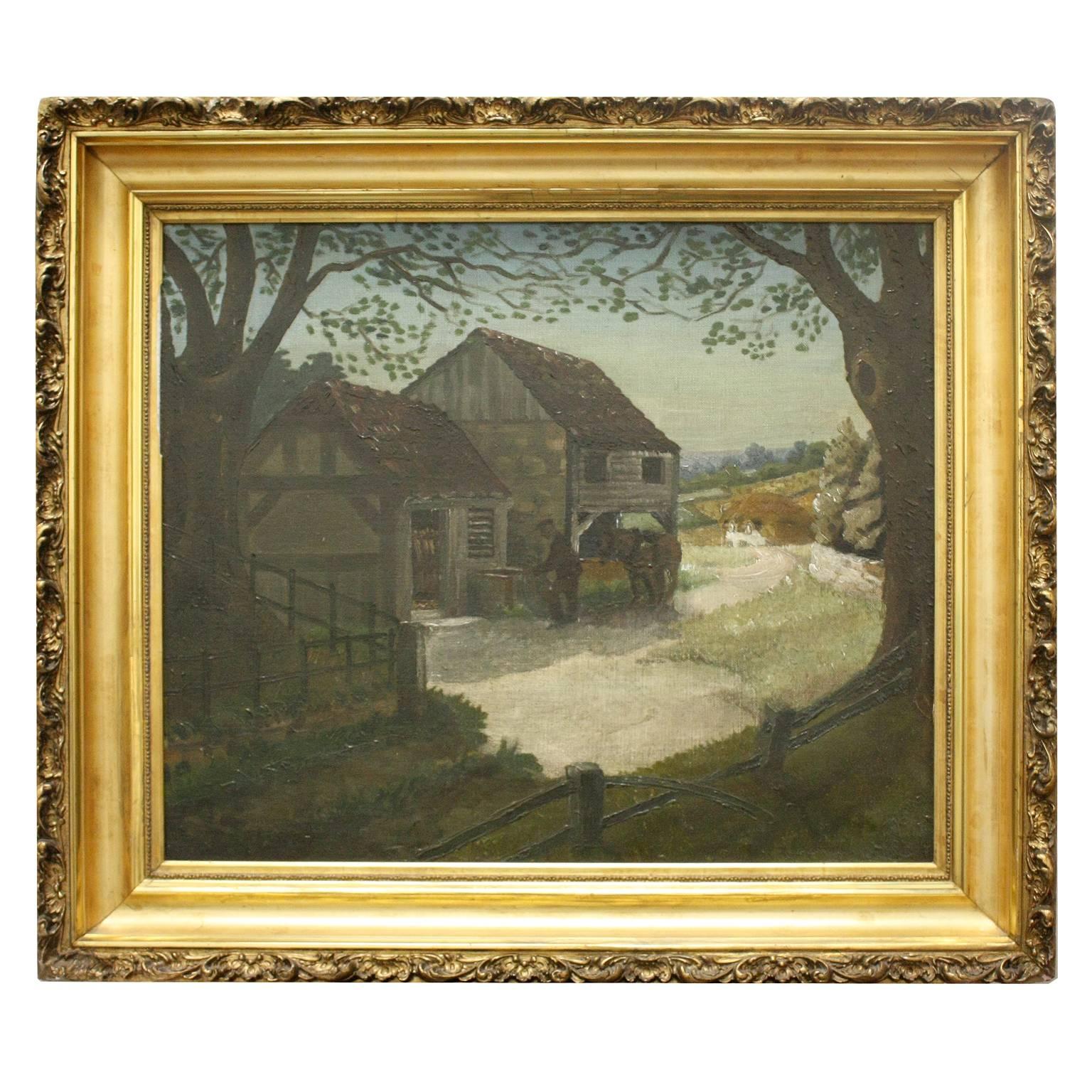 19C English Painting Man with a Horse / Barnyard Scene