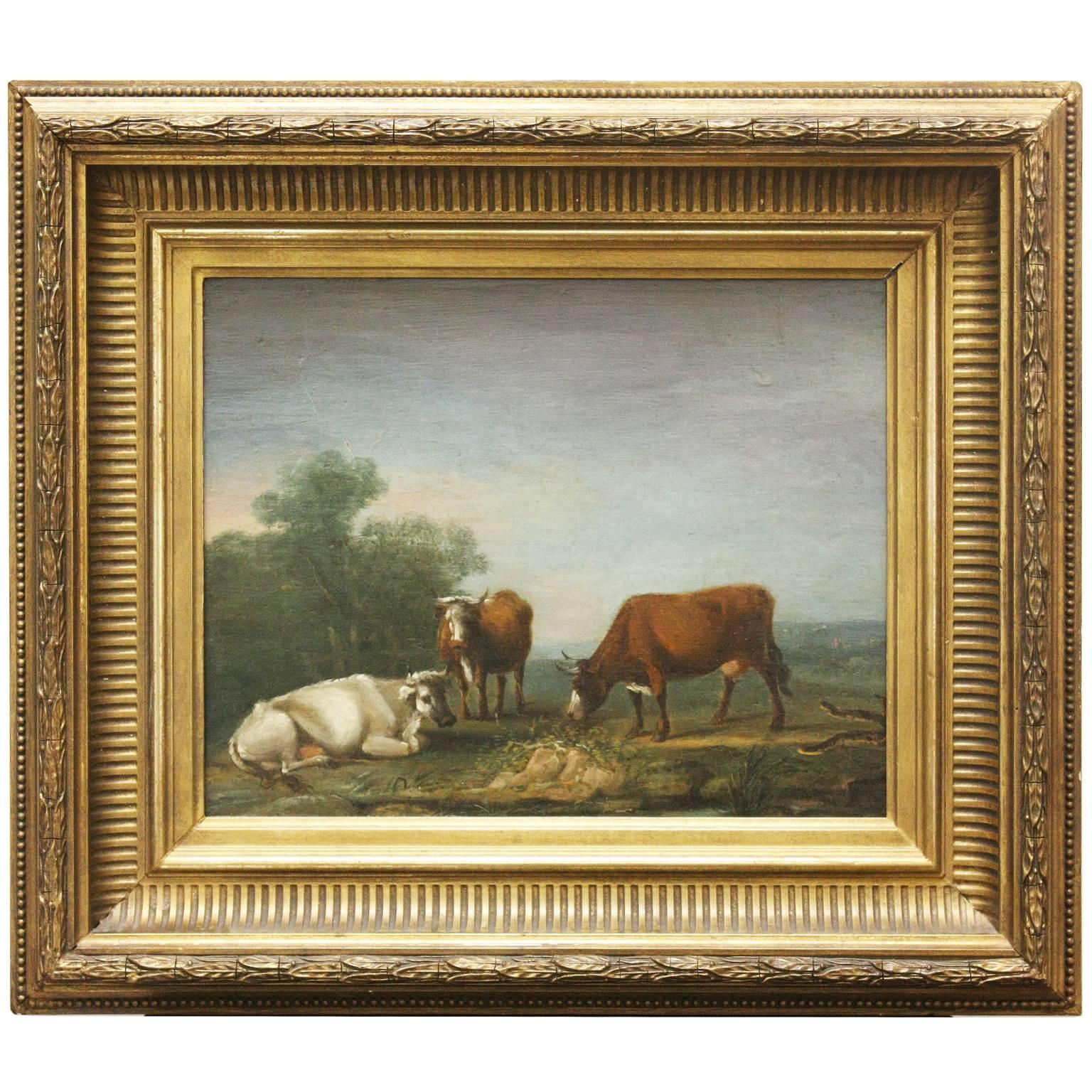 19th Century English Painting on Board of Cows