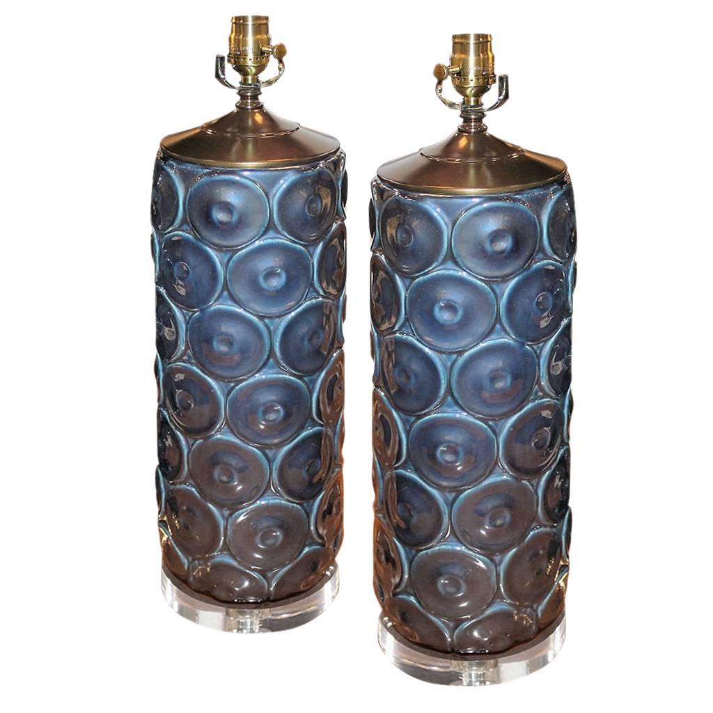 Pair of Dark Blue Modern Cylinder Vase on Lucite as Lamps