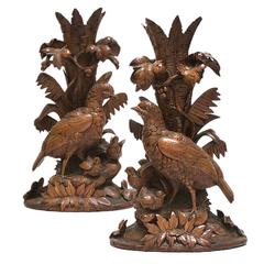 Pair of Black Forest Candlestick Bases with Quails
