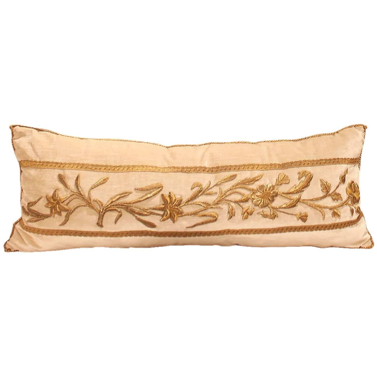 Antique European Gold Metallic Embroidery on Oyster Velvet Pillow