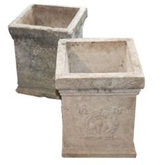 A Pair of English Square Shaped Concrete Planters from the Turn of the Century