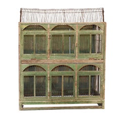 Italian 1840s Large Size Green Painted Wooden Birdcage with Arched Windows
