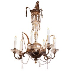 Italian Early 19th Century Crystal, Nickel and Brass Gas Six-Light Chandelier