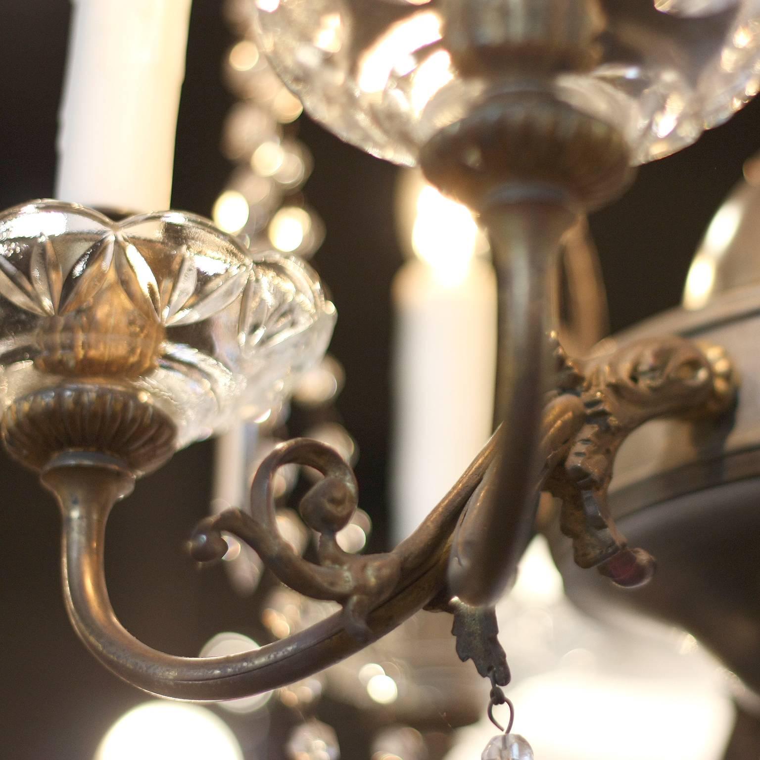 Italian Early 19th Century Crystal, Nickel and Brass Gas Six-Light Chandelier 1