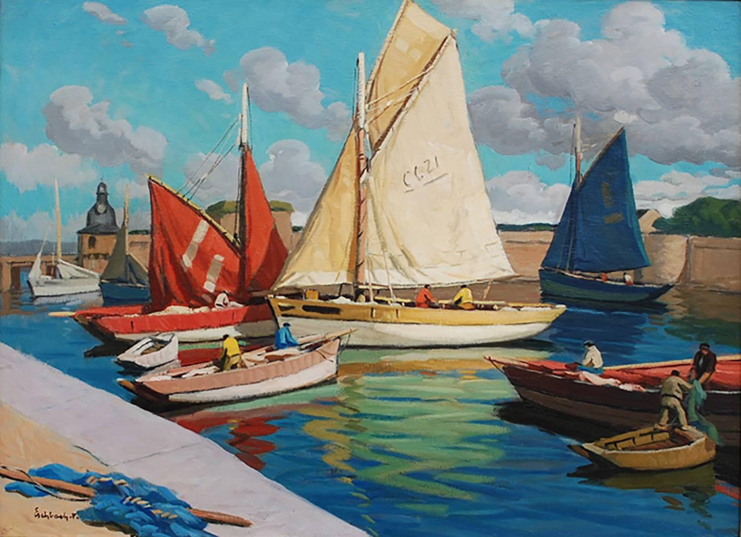 This oil on canvas painting by French artist Paul André Jean Eschbach (1881-1961) is entitled "Concarneau Harbor" and was painted in the first half of the 20th century. This is a vibrant en-plein air depiction of the Port de Concarneau.