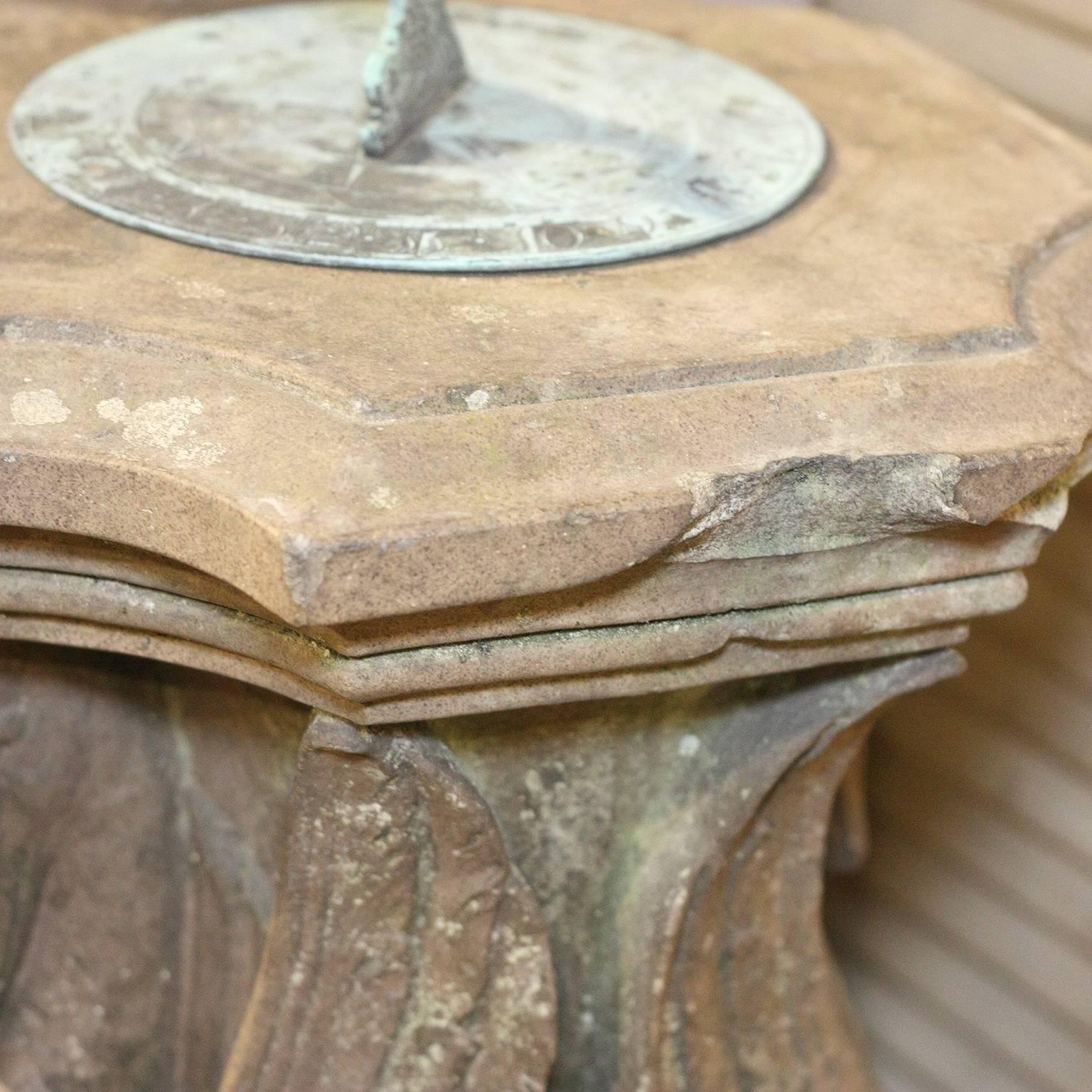 19th Century English 1850 Terracotta and Bronze Sundial with Swans and Dolphin on Square Base