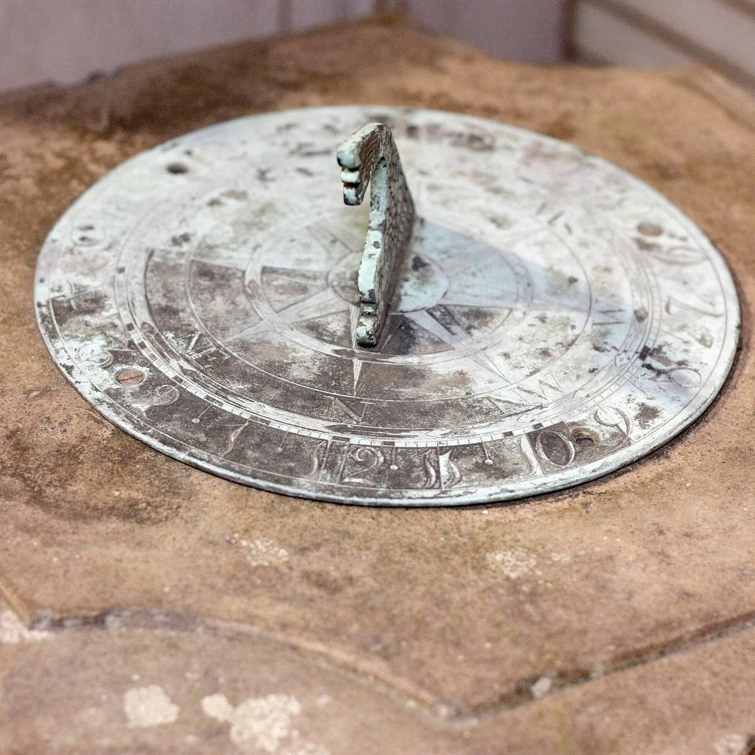 English 1850 Terracotta and Bronze Sundial with Swans and Dolphin on Square Base 1