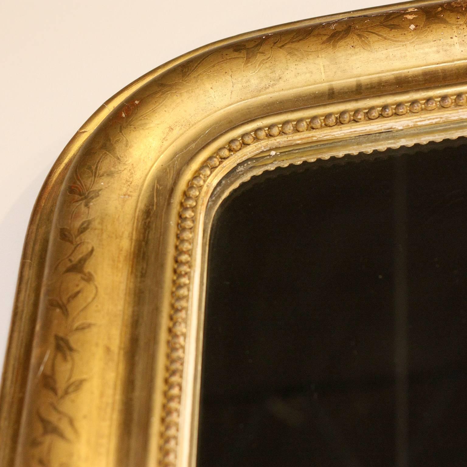 French Large Size Gilded Louis-Philippe Mirror with Etched Vines and Beads In Good Condition In Atlanta, GA