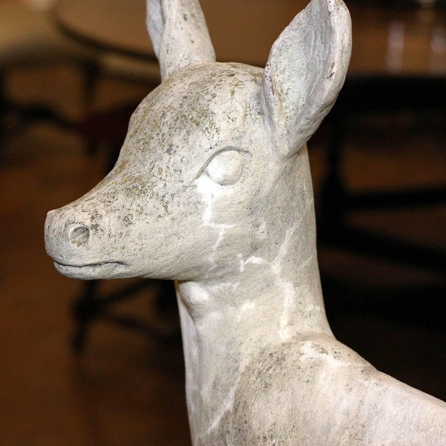 Pair of English Mid-Century Cast Stone Sculptures of a Doe and Her Fawn on Base 4