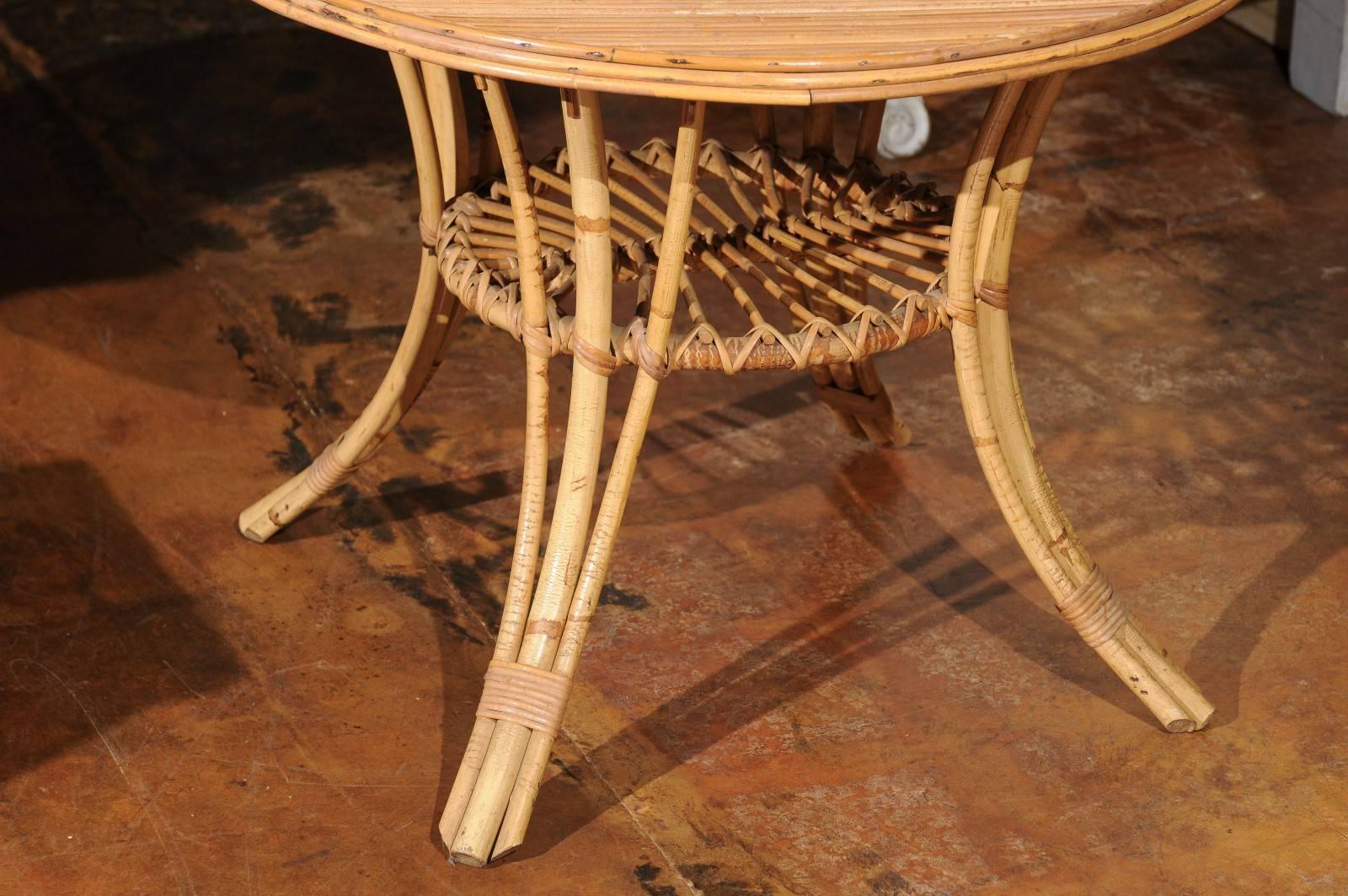 20th Century French Mid-Century Rattan Round Side Table with Lower Shelf and Splayed Legs