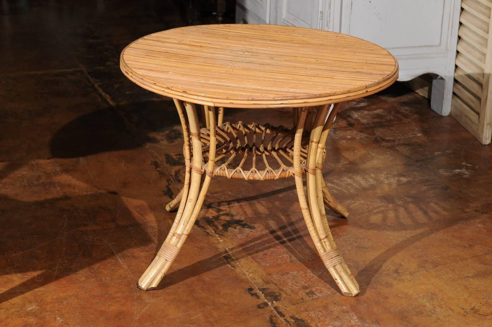 French Mid-Century Rattan Round Side Table with Lower Shelf and Splayed Legs 1