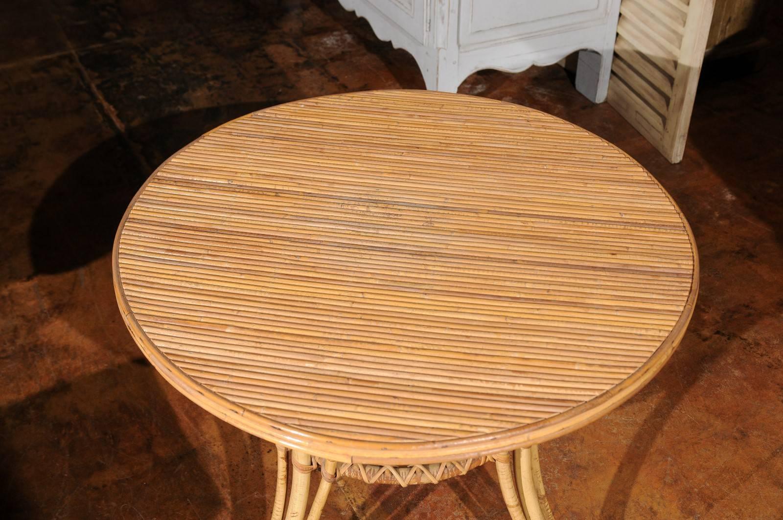 French Mid-Century Rattan Round Side Table with Lower Shelf and Splayed Legs 2