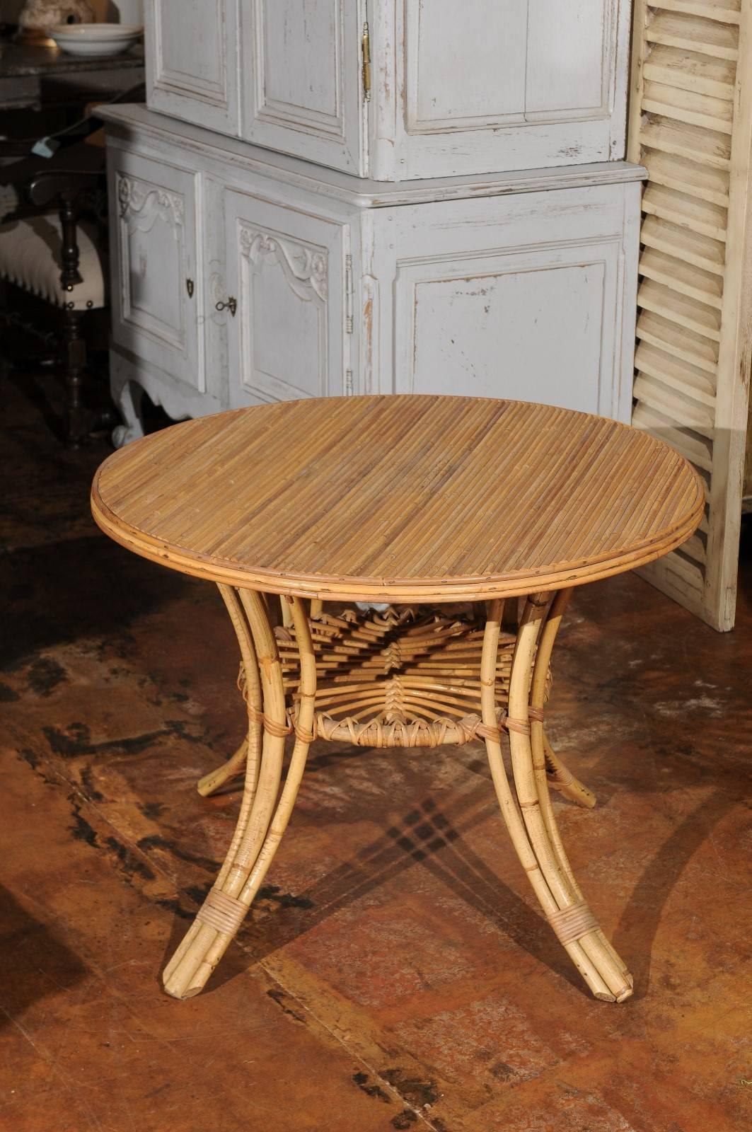 French Mid-Century Rattan Round Side Table with Lower Shelf and Splayed Legs 3