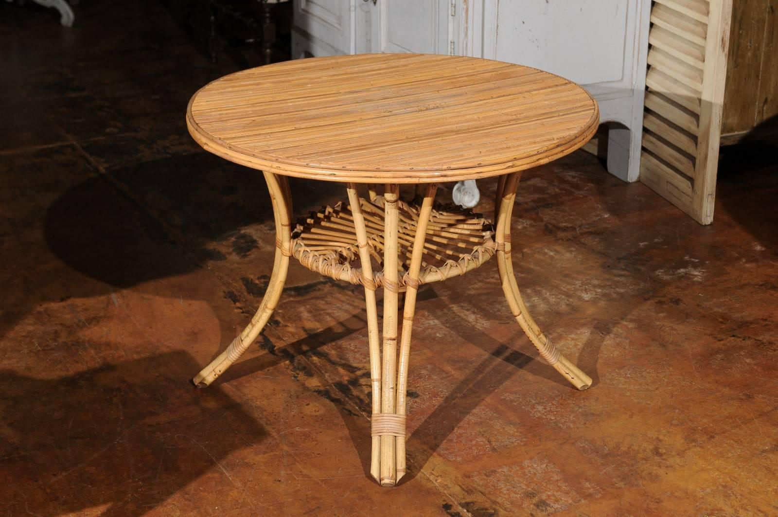 French Mid-Century Rattan Round Side Table with Lower Shelf and Splayed Legs 4