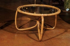 French 1970s Bamboo Drinks Table with Glass Top and Looped Legs